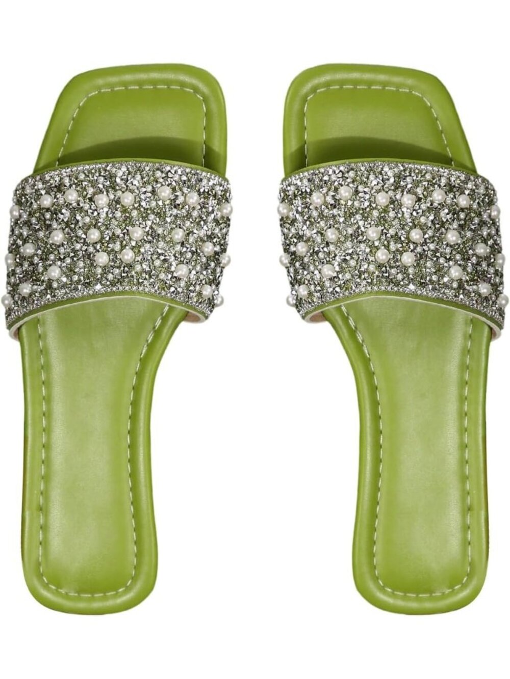 🆕 Women's Green Pearl Rhinestone Slide Sandals Open Toe Flat Slippers Shoes